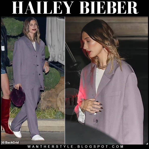 Hailey Bieber in grey suit and white slippers