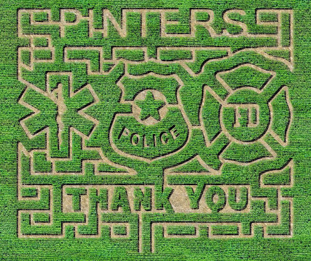 Pinter's Pumpkin Patch in Decorah, Iowa features a corn maze thanking our first responders. Image courtesy of Pinter's Pumpkin Patch.