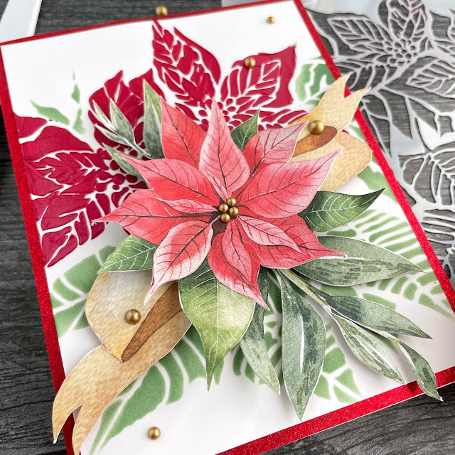 Poinsettia Christmas card created with: The Crafters Workshop poinsettia stencil, barn door stencil butter; Pinkfresh Studio matte gold pearls; P13 cosy winter red and green creative maxi pad; Scrapbook.com foam adhesive, mint tape; Tim Holtz - distress oxide rustic wildnerness