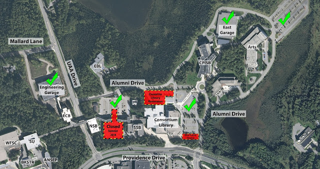 Map depicting available parking in the Engineering Garage, East Campus Central Lot, most of the Library Lot, the East Garage, and the East Lot.