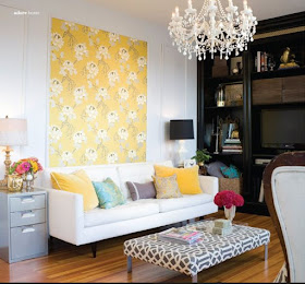 yellow and pink living room with gray