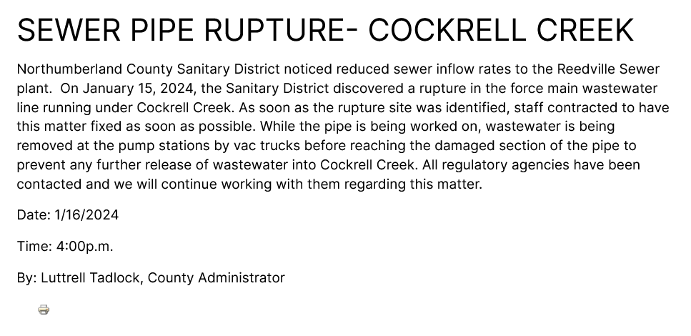Screenshot of notice of sewer pipe rupture impacting Cockrell Creek and surrounding areas