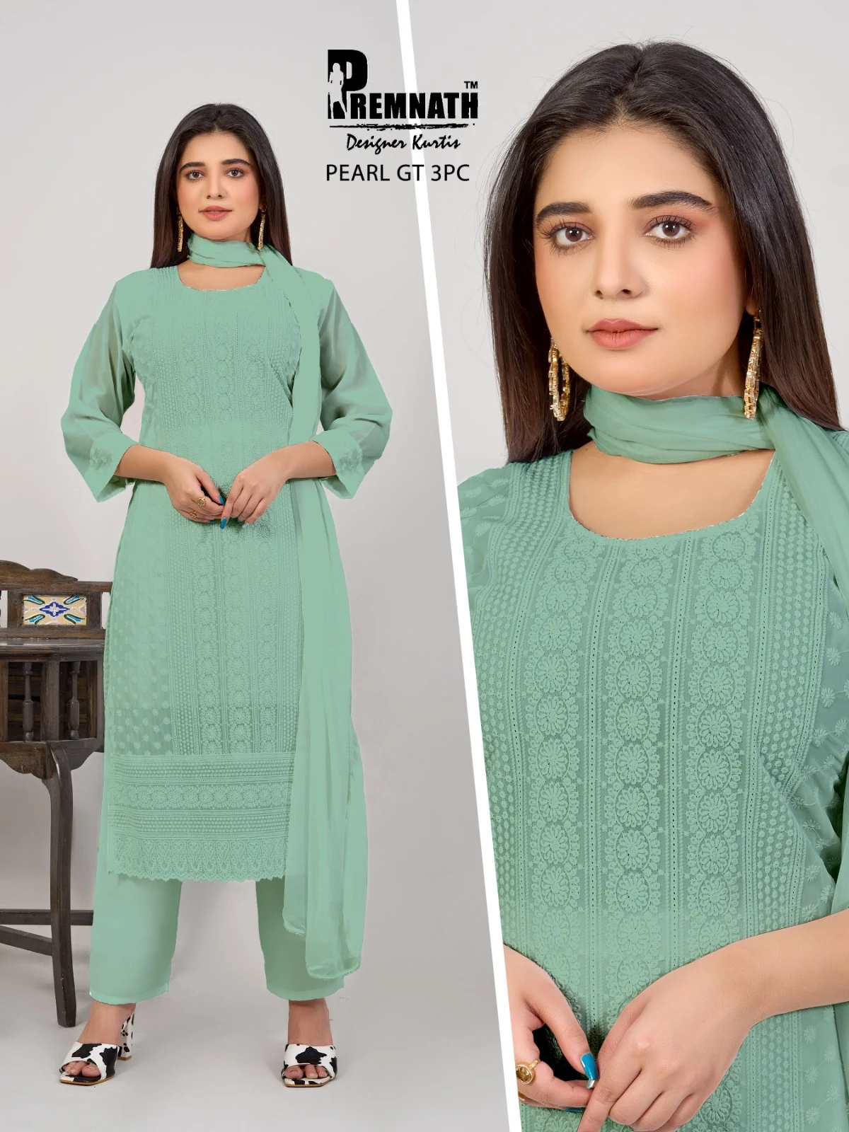 Pearl Gt Premnath Georgette Schiffli Work Readymade Pant Style Suits