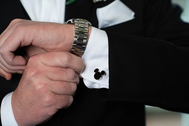 Detail shot of Groom's cuffs with Mickey Mouse Cuff links Port Saint Lucie Civic Center Wedding Photos by Stuart Wedding Photographer Heather Houghton Photography