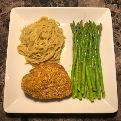 Pretzel Crusted Pork Chop, pasta and asparagus