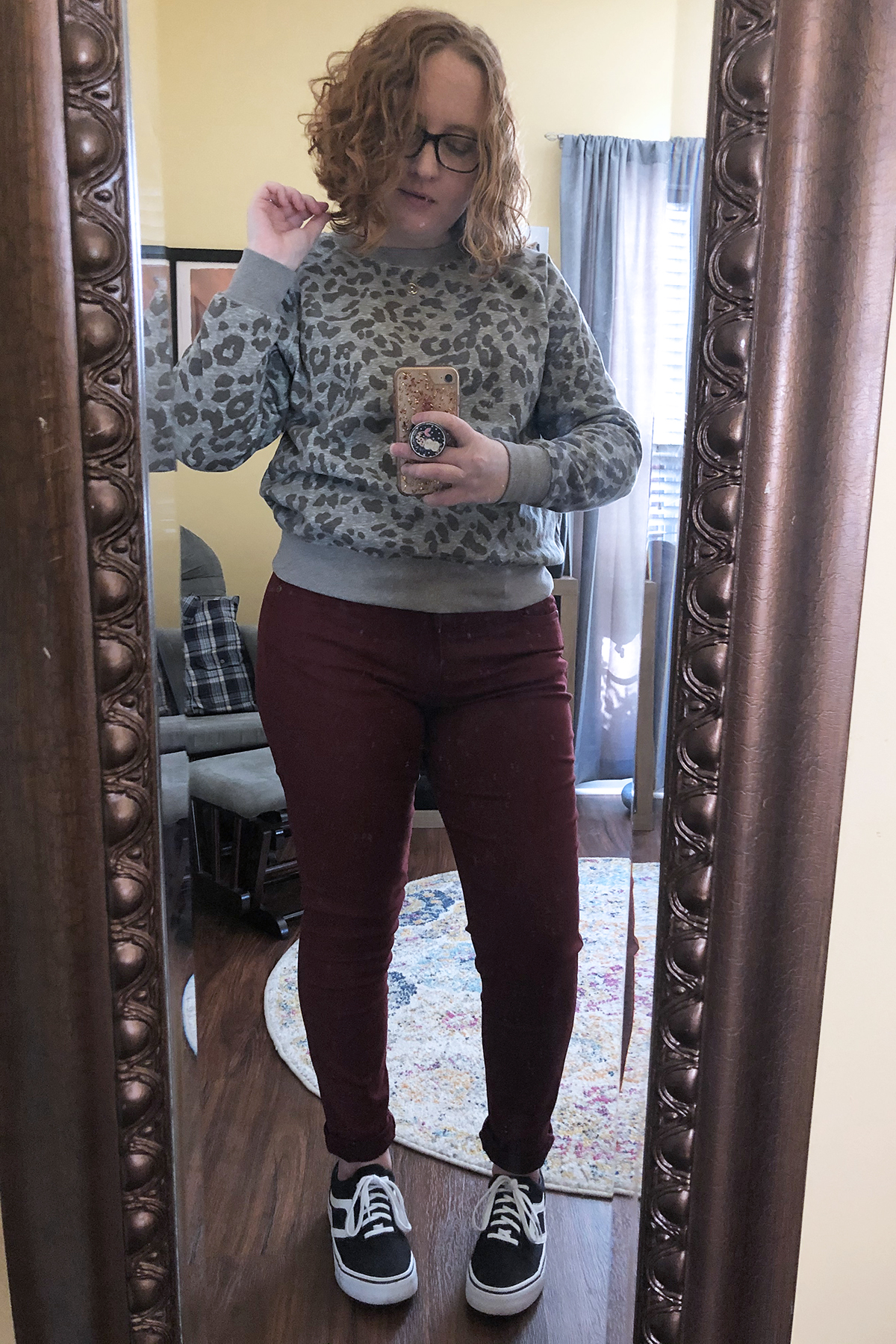 maroon pants grey leopard sweatshirt