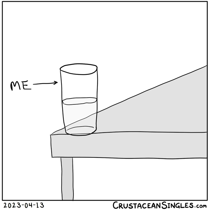 A glass half full of water sits very close to the edge of a table. An arrow labels the glass as "me".