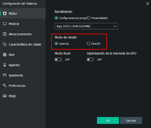 configuración del sistema modo de renderizado