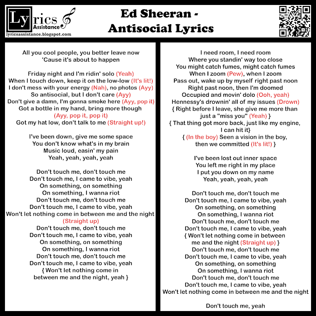 Ed Sheeran and Travis Scott - Antisocial Lyrics | lyricsassistance.blogspot.com