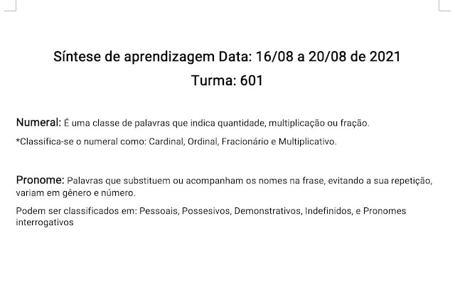 Síntese de Língua Portuguesa 6 Ano - 16/08 a 20/08 -  Professora Josenilda