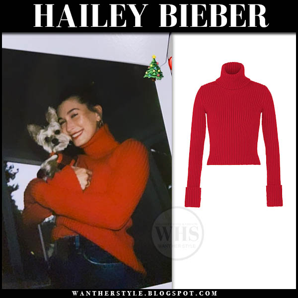 Hailey Bieber in red turtleneck sweater