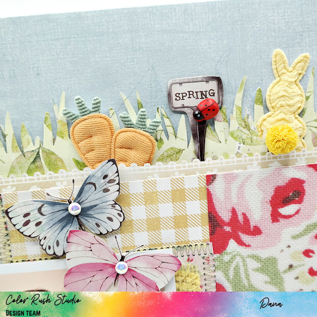 Colorful patchwork Easter scrapbook layout with bunny and carrot patch border made using the Simple Stories Simple Vintage Spring Garden collection.