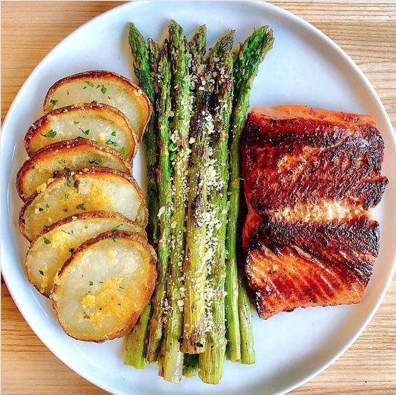 Crispy Honey Garlic Chipotle Salmon #feedfeed #recipe #breakfast #brunch #potato #asparagus #salmon