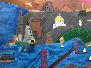 A painting that shows the Golden Gate Bridge and other famous San Francisco landmarks