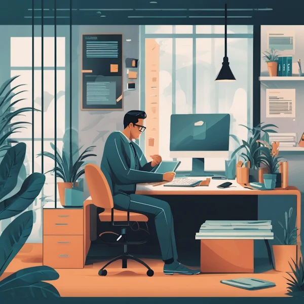 A professional stands at a desk in a modern office, surrounded by AI technology and ethical symbols like balance scales and shields. The computer displays AI data and ethical guidelines. The title 'The Role of AI Ethics in Tech Careers: Navigating Moral Dilemmas' is at the top. The color scheme includes shades of blue, white, and grey