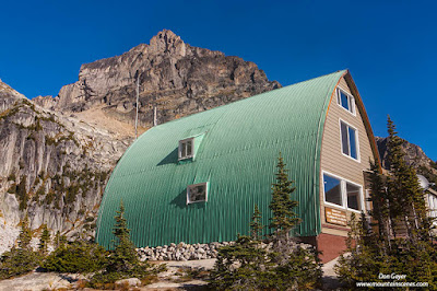 The Conrad Kain Hut below Eastpost Spire, Bugaboo Provincial Park, British Columbia, Canada.