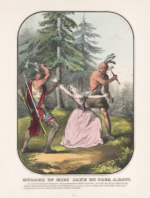 An 1846 engraving of the death of Jane McCrea, being attacked by two Native Americans with hatchets
