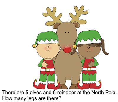 There are 5 elves and 6 reindeer at the North Pole. How many legs are there?