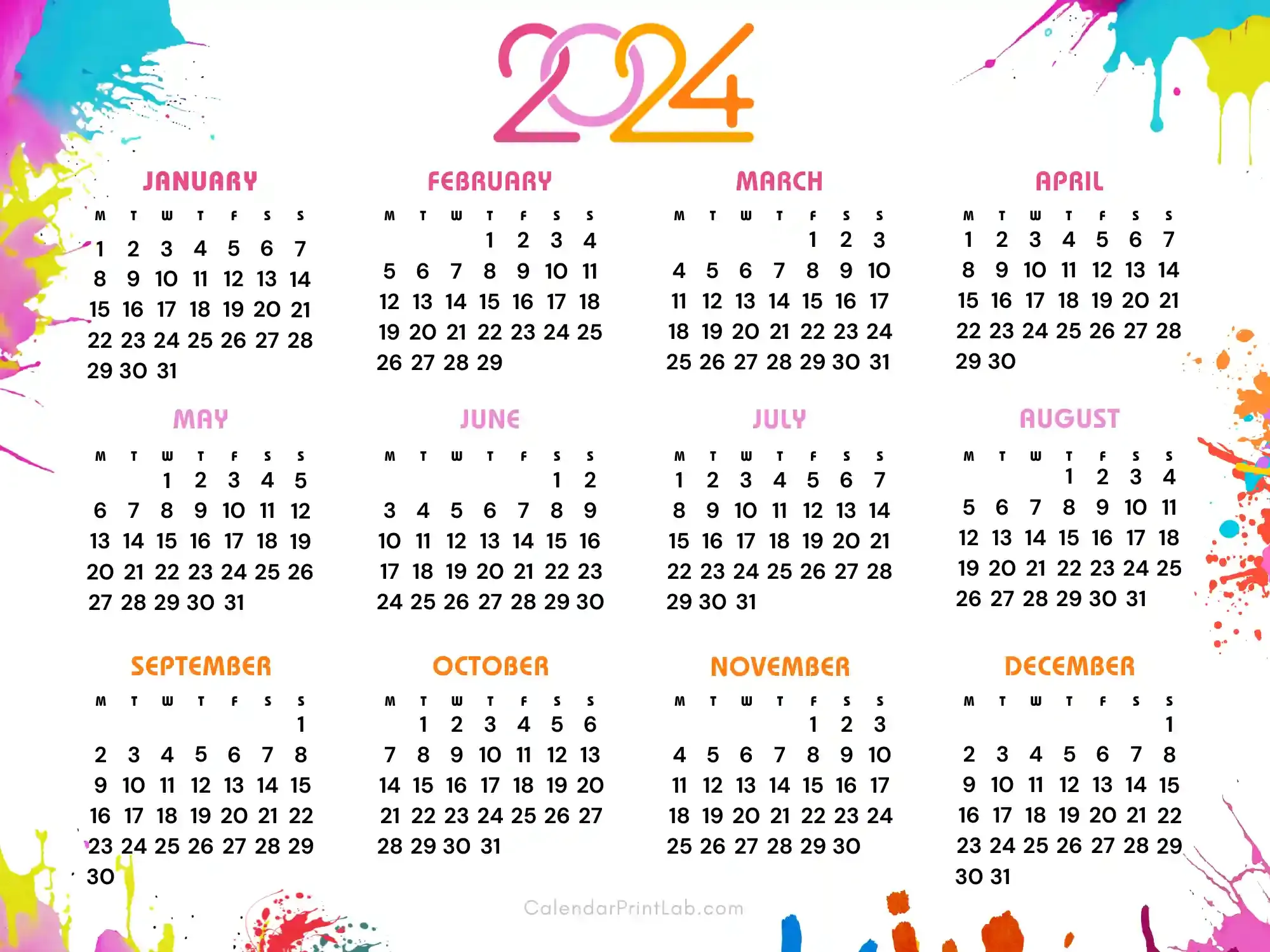 2024 Calendar Starting from Monday