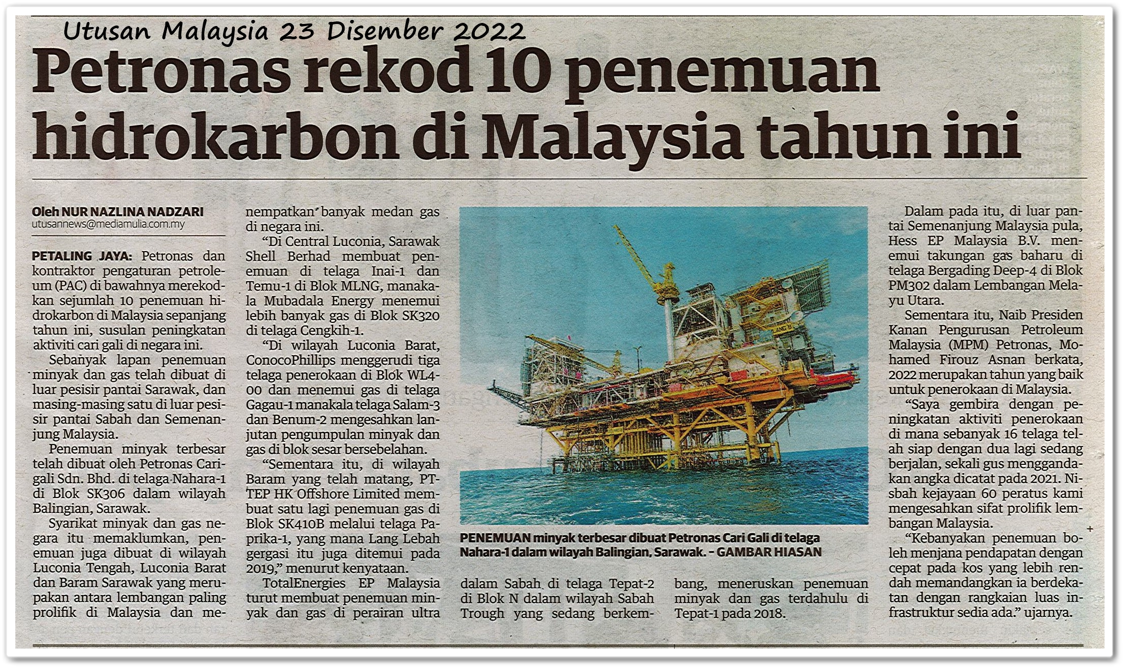 Petronas rekod 10 penemuan hidrokarbon di Malaysia tahun ini - Keratan akhbar Utusan Malaysia 23 Disember 2022