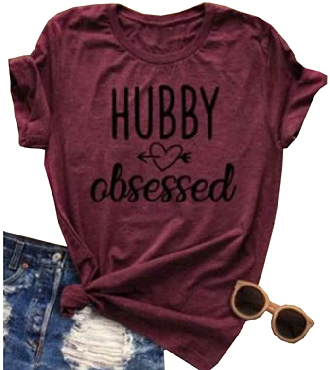  Hubby Obsessed Letters Print T-Shirts Love Heart Arrow Graphic Tee Women's Top