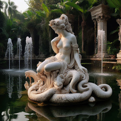 white marble female sculpture in pond in tropical garden