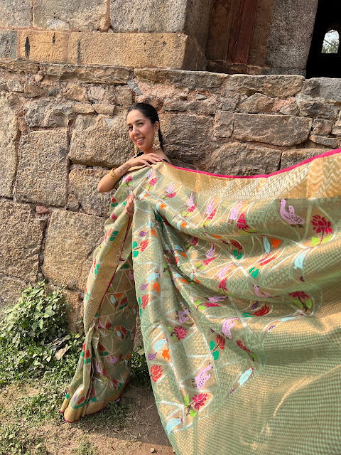 Double tissue kota doria saree with birds and floral motifs