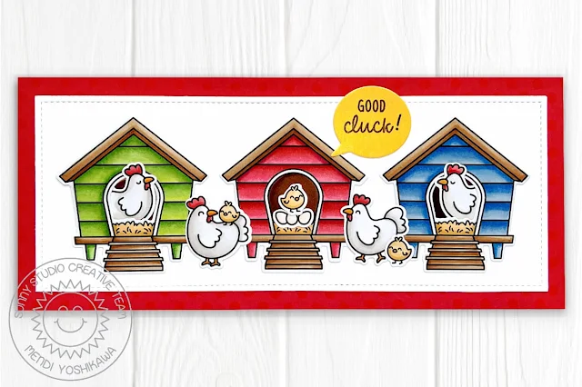 Sunny Studio Hen House Punny Good Luck Slimline Card (using Clucky Chickens Stamps, Slimline Scalloped Frame & Comic Strip Speech Bubbles Dies)