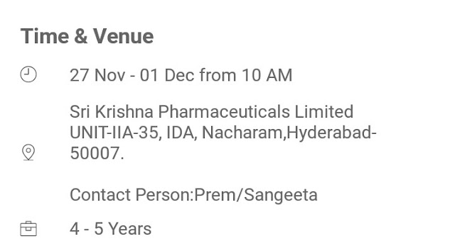 Sri Krishna Pharmaceuticals | Walk-In for Microbiologist | 27 Nov to 1st December 2018 | Hyderabad