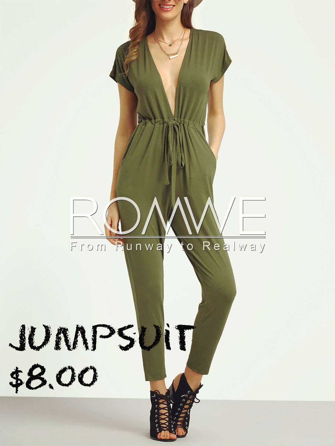  Army Green Deep V Neck Tie Jumpsuit