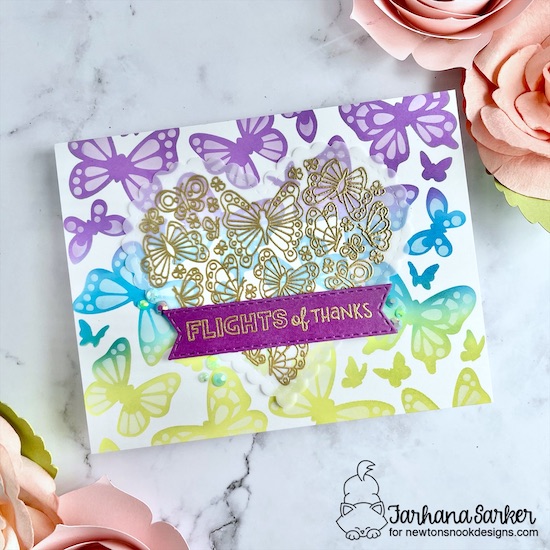 Flights of Thanks Card by Farhana Sarker | Heartfelt Butterflies Stamp Set, Butterflies Stencil Set, Heart Frames Die Set and Banner Trio Die Set by Newton's Nook Designs #newtonsnook #handmade