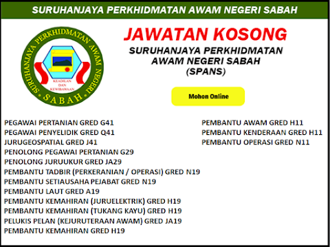 suruhanjaya perkhidmatan awam sabah - Minima PMR / PT3 Layak Memohon
Pelbagai Jawatan Kosong Terkini Di