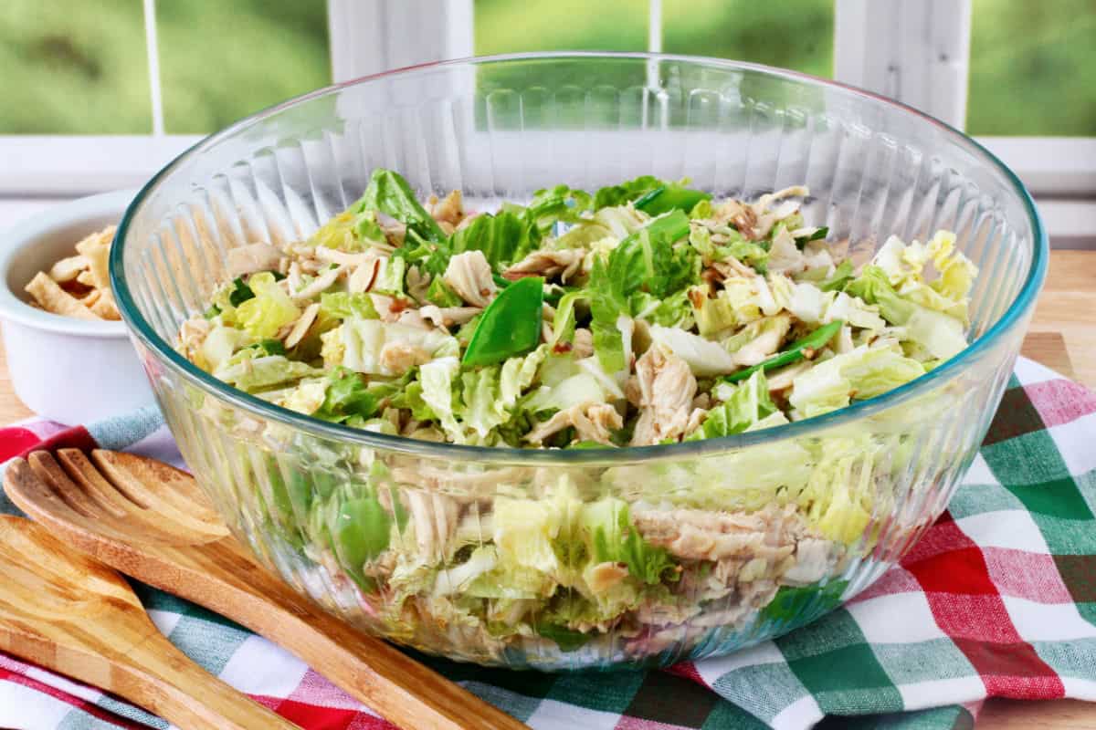 Chinese Chicken Salad in a bowl before adding the wontons.
