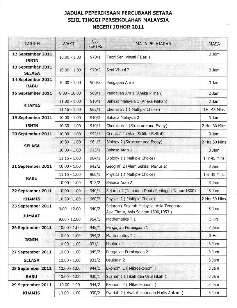 PENGAJIAN AM STPM @ PRA U: JADUAL PEPERIKSAAN PERCUBAAN 