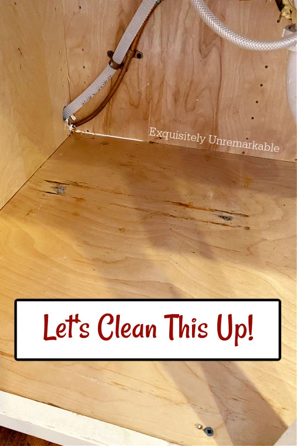 Let's clean this up text over a stained under sink base cabinet