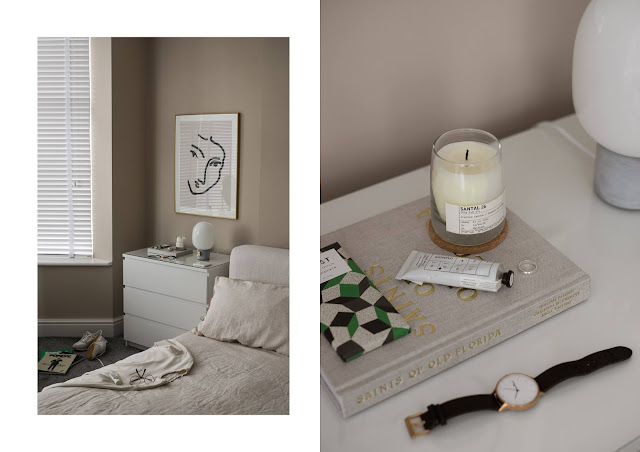 JWDA concrete lamp by menu world, in our tonal bedroom, with linen bedding and candle by le labo