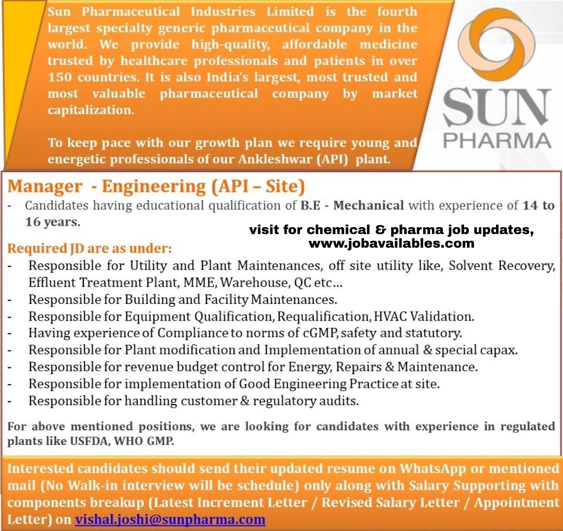 Job Availables, Sun Pharma Ltd Job Opening For B.E Mechanical - Manager Engineering (API- Site)