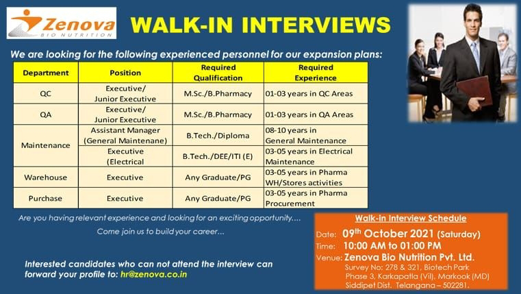 Job Availables,Zenova Bio Nutrition Pvt. Ltd. Walk-In-Interviews For MSc/B.Tech/B.Pharm/Diploma/DEE/ITI/Any Graduate/PG