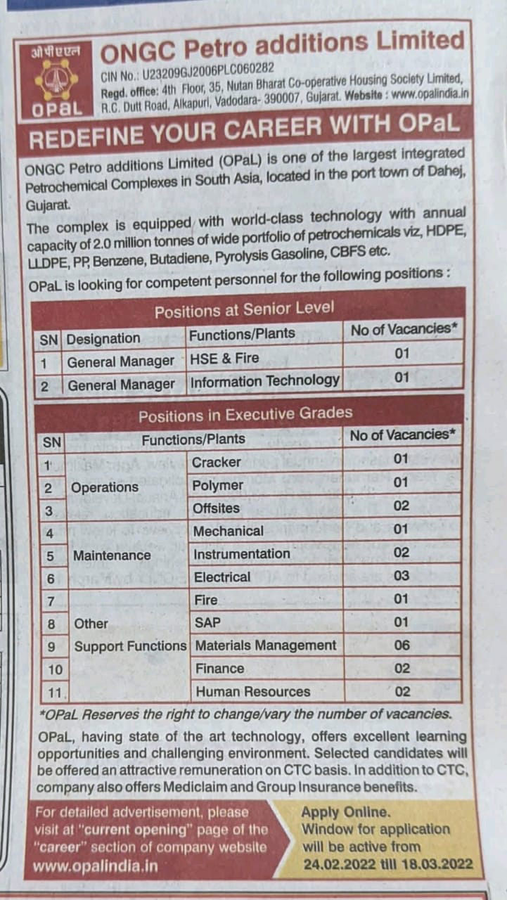 Job Availables,ONGC Petro Additions Limited Job Vacancy For Operations/ Maintenance/ Other Support Function