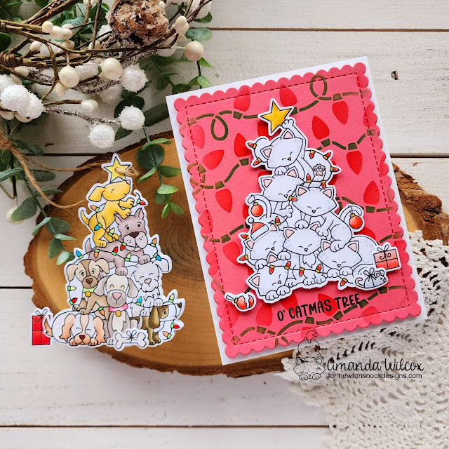 Cat & Dog Christmas Card and Tag by Amanda Wilcox | Dog Christmas Tree Stamp Set, Cat Christmas Tree Stamp Set, Frames & Flags Die Set and Light Strings Stencil Set by Newton's Nook Designs