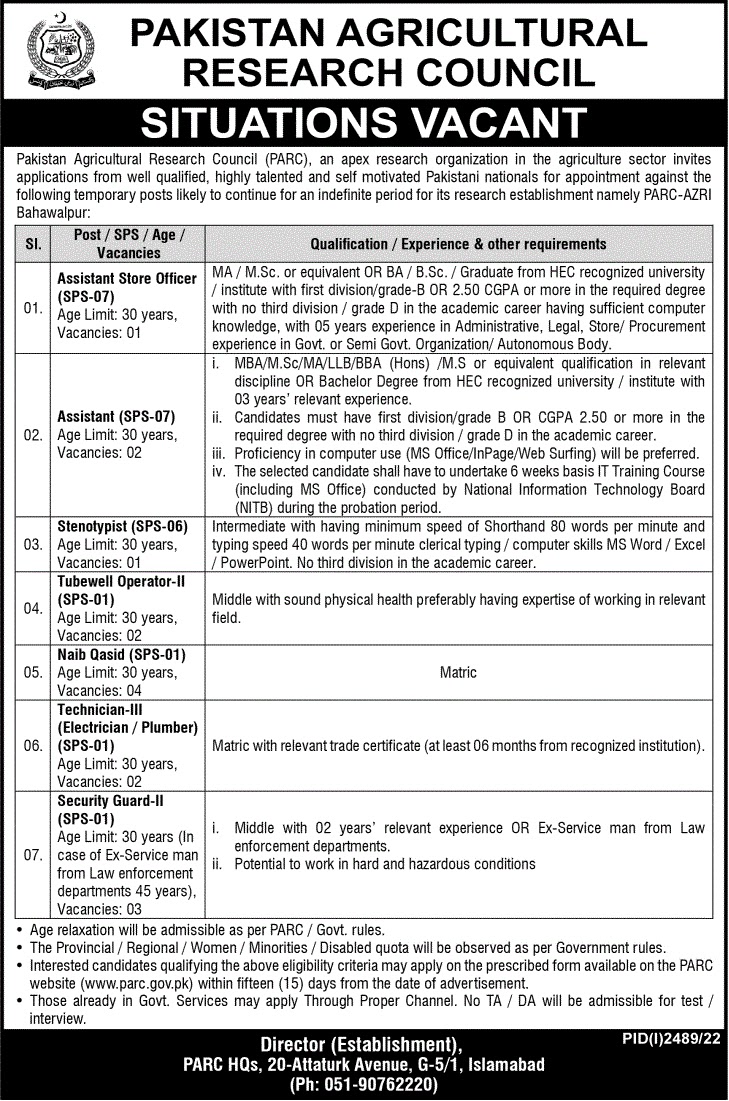 PARC Jobs 2022 Islamabad - Pakistan Agricultural Research Council Jobs 2022 - www.parc.gov.pk jobs 2022 online apply