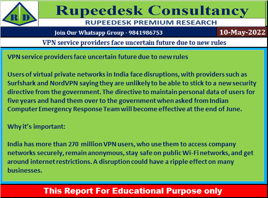 VPN service providers face uncertain future due to new rules - Rupeedesk Reports - 10.05.2022