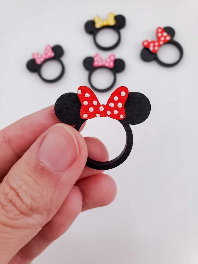 Laser cut wooden Minnie Mouse Rings using the xTool M1