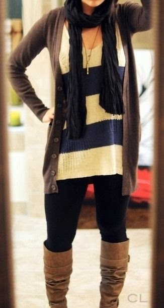 Black Leggings, Oversized Sweater, Cardigan, Scarf And Brown Boots
