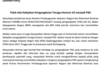 Benarkah Terdapat Surat Menpan-RB tentang Pengangkatan CPNS dari K2 ?