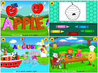 KidloLand screenshots including the letter A, August, Pineapple and some colouring in (of a beehive)