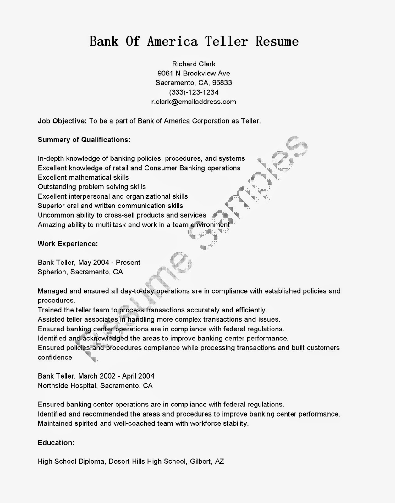 Resume Samples: Bank Of America Teller Resume Sample