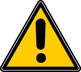 Yellow triangle, point at top, with black border and black exclamation mark to indicate a warning