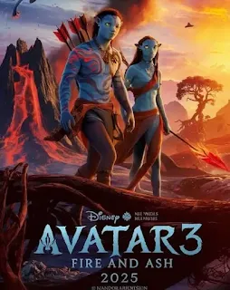Poster Avatar 3 Fire and Ash 2025 Poster resmi Avatar 3 Fire and Ash 2025 menampilkan dua karakter Na’vi di depan latar gunung berapi