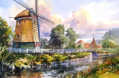 Roland Lee painting of Dutch windmill in Edam Netherlands